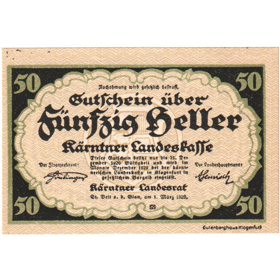 Austria, Landesrat, 50 Heller, Blason, 1920, 1920-03-01, UNC(63), Mehl:FS 427