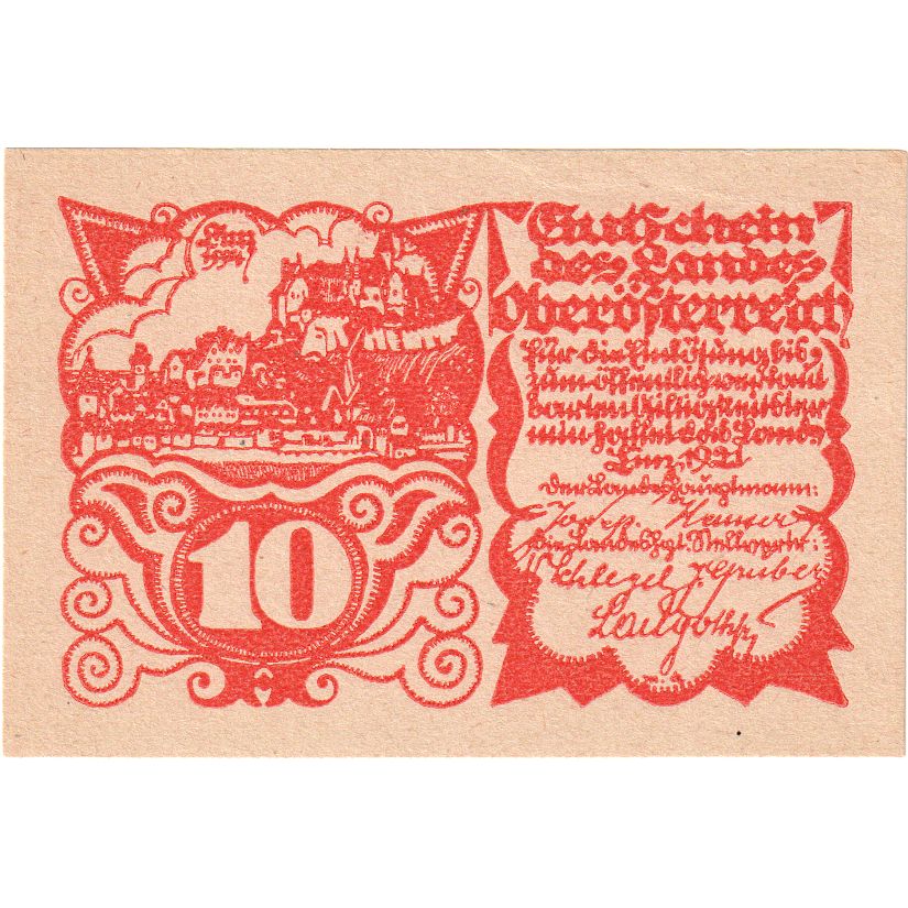 Austria, Linz, 10 Heller, château, 1921, UNC(65-70)