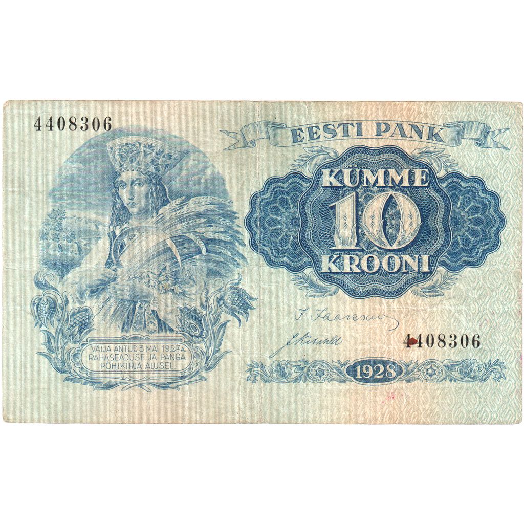 Estonia, 10 Krooni, 1928, KM:63a, BB