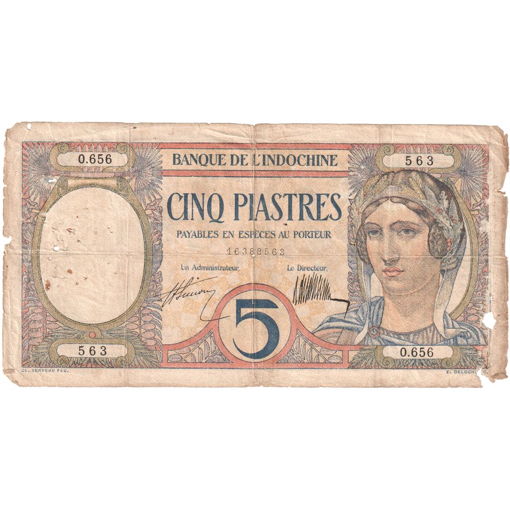 FRENCH INDO-CHINA, 5 Piastres, KM:49b, VG(8-10)