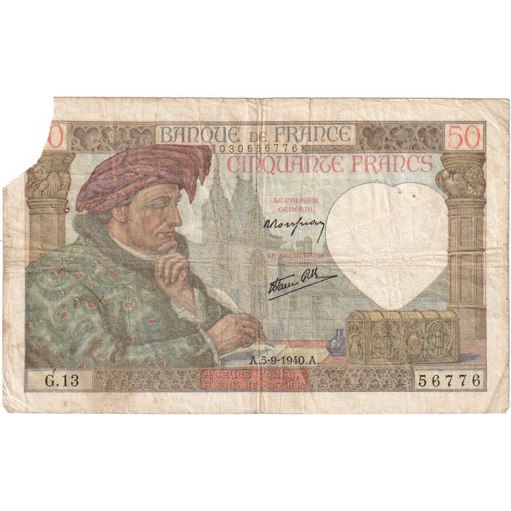 França, 50 Francs, Jacques Coeur, 1940, G.1356776, F(12-15), Fayette:19.02