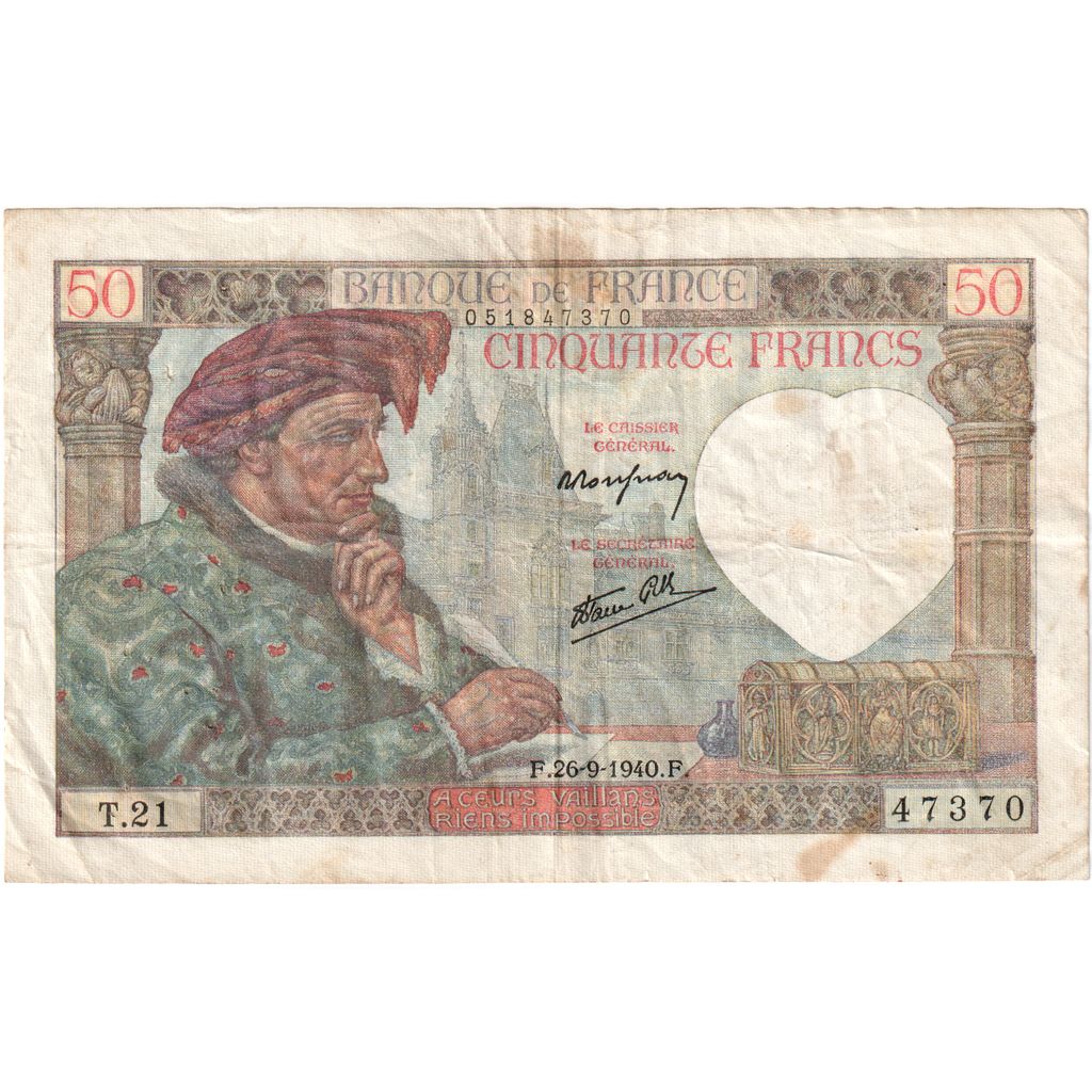 Francja, 50 Francs, Jacques Coeur, 1940, T.2147370, VF(30-35), Fayette:19.03