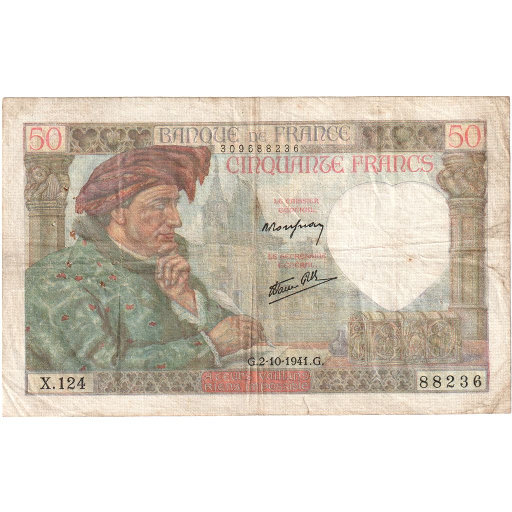 France, 50 Francs, Jacques Coeur, 1941-10-02, X.12488236, VF(20-25)