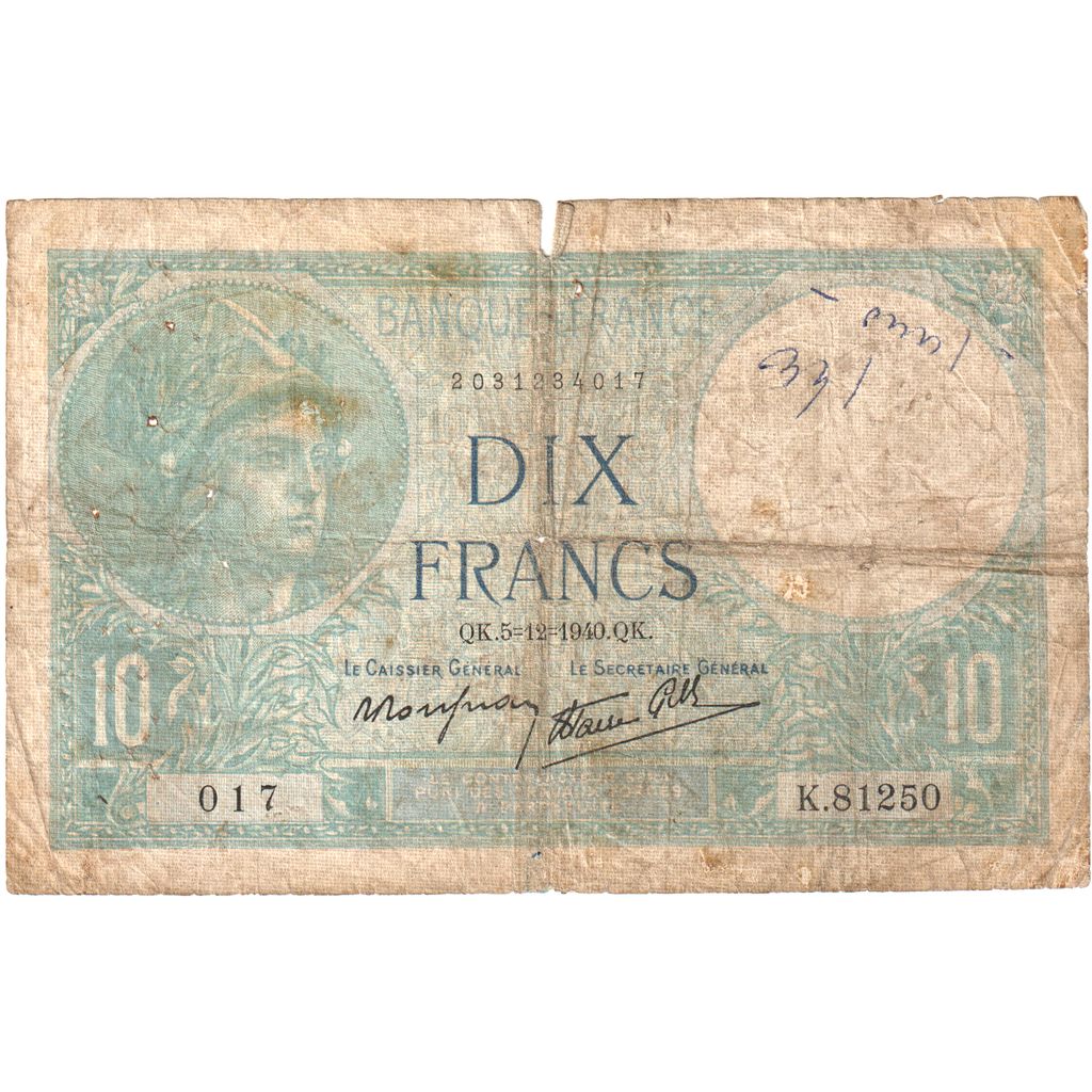 Banconote, Francia, 10 Francs, 10 F 1916-1942 ''Minerve'', 1940, 1940-12-05, B+