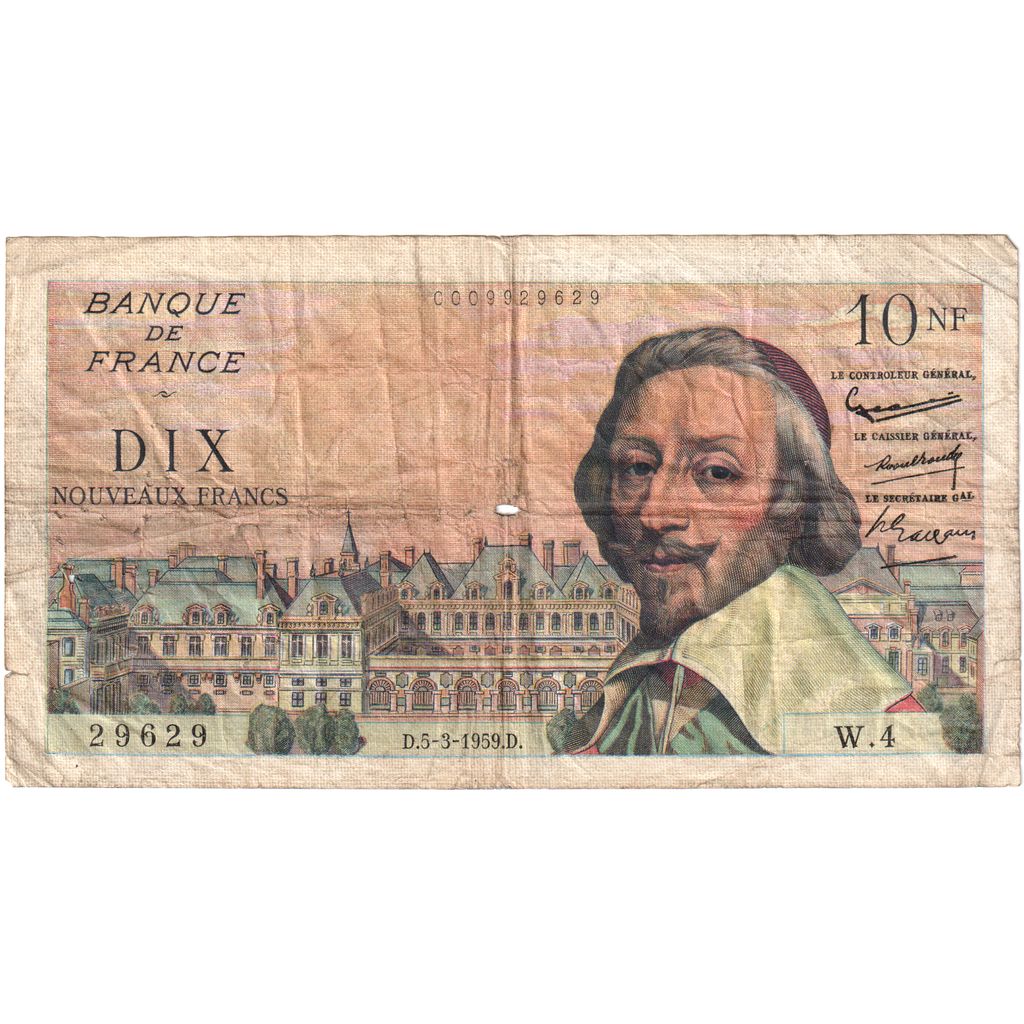 Francja, 10 Nouveaux Francs, Richelieu, 1959-03-05, W.429629, VF(20-25)