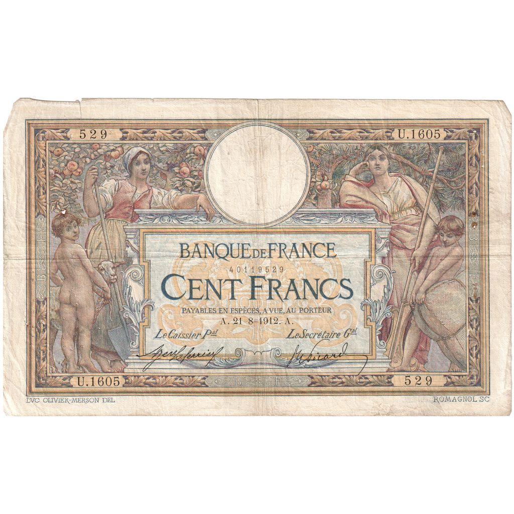 France, 100 Francs, Luc Olivier Merson, 1912-08-21, U.1605529, TB+