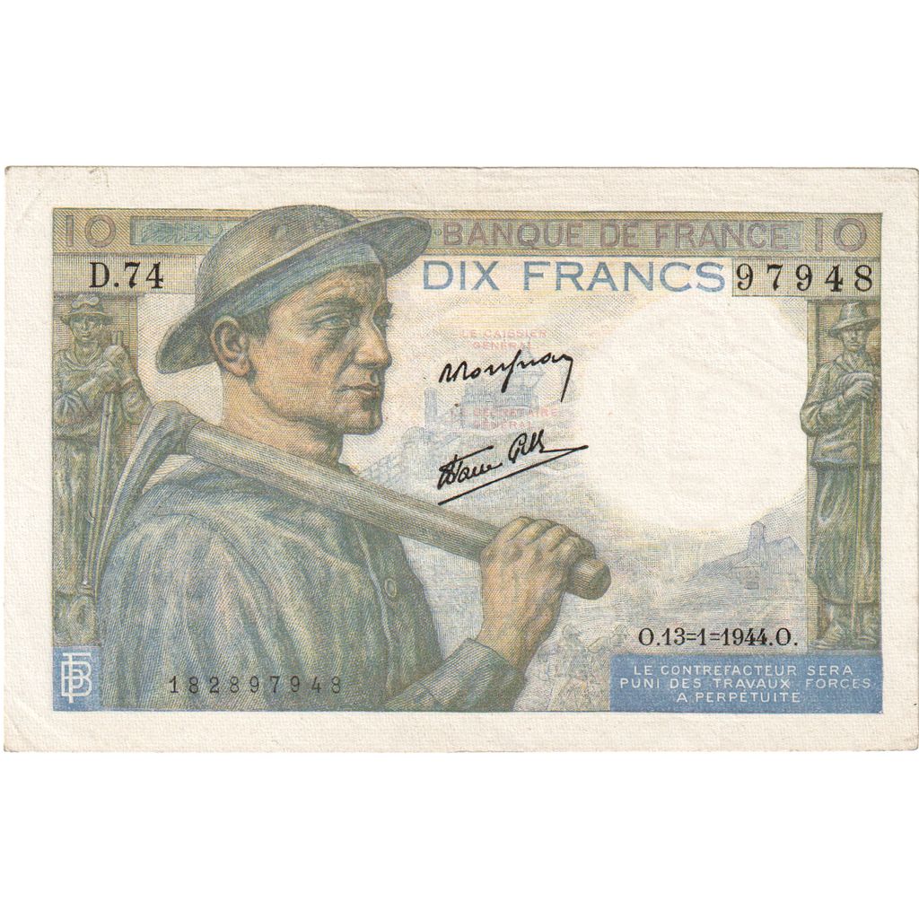 France, 10 Francs, Mineur, 1944-01-13, D.7497948, UNC(60-62)