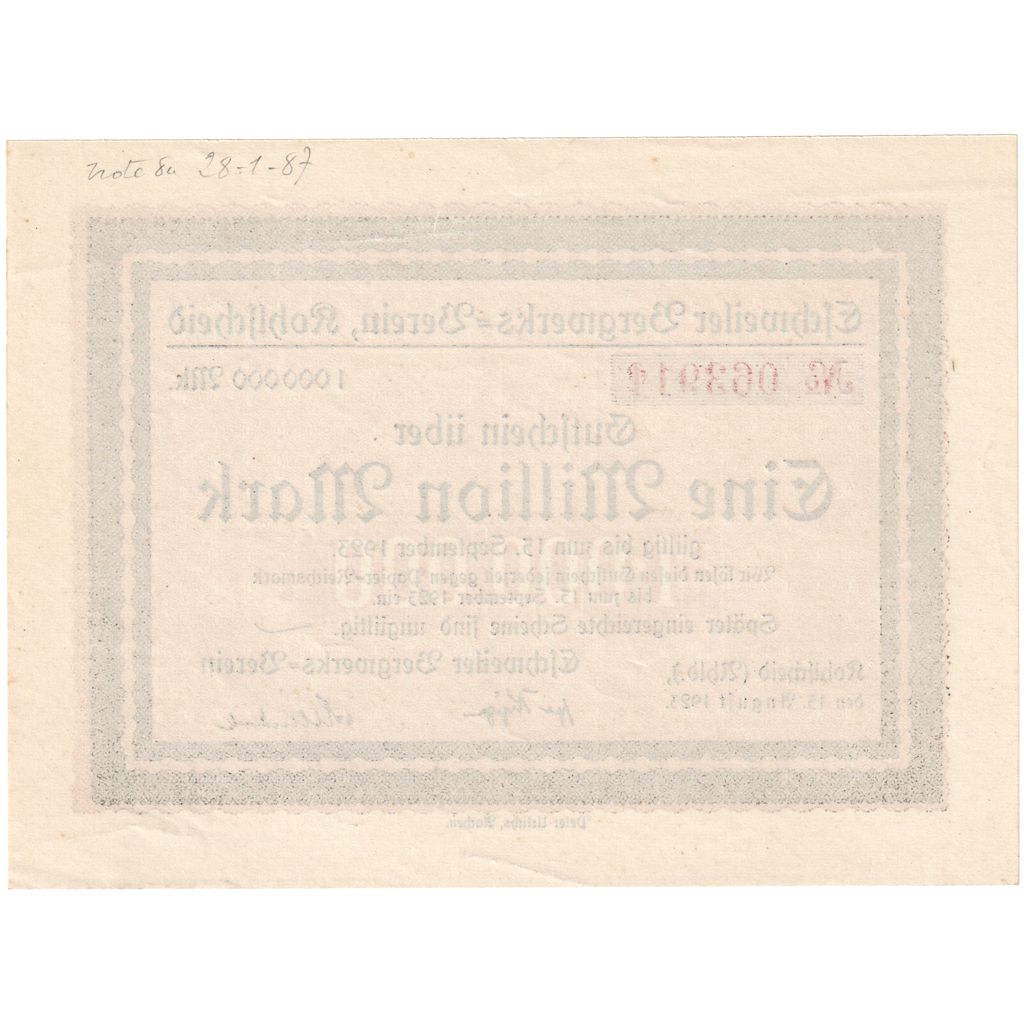 Niemcy, Memmingen, 1 Million Mark, 1923-08-22, UNC(63)