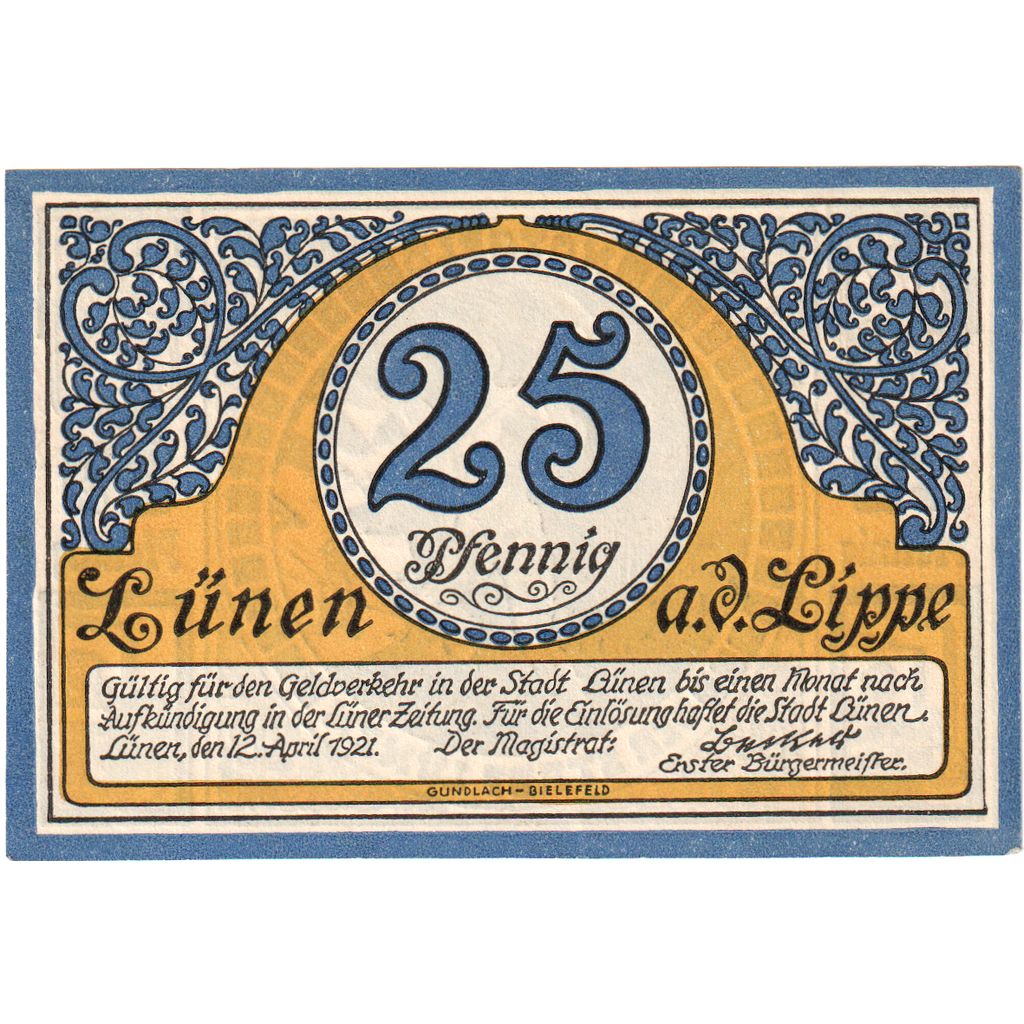 Banknot, Niemcy, Lunen Stadt, 25 Pfennig, personnage, 1921, 1921-04-12