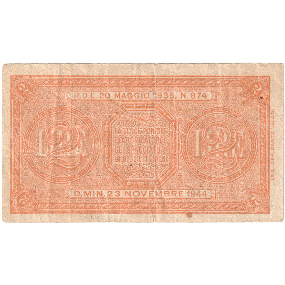 Itália, 2 Lire, 1944-11-23, EF(40-45)
