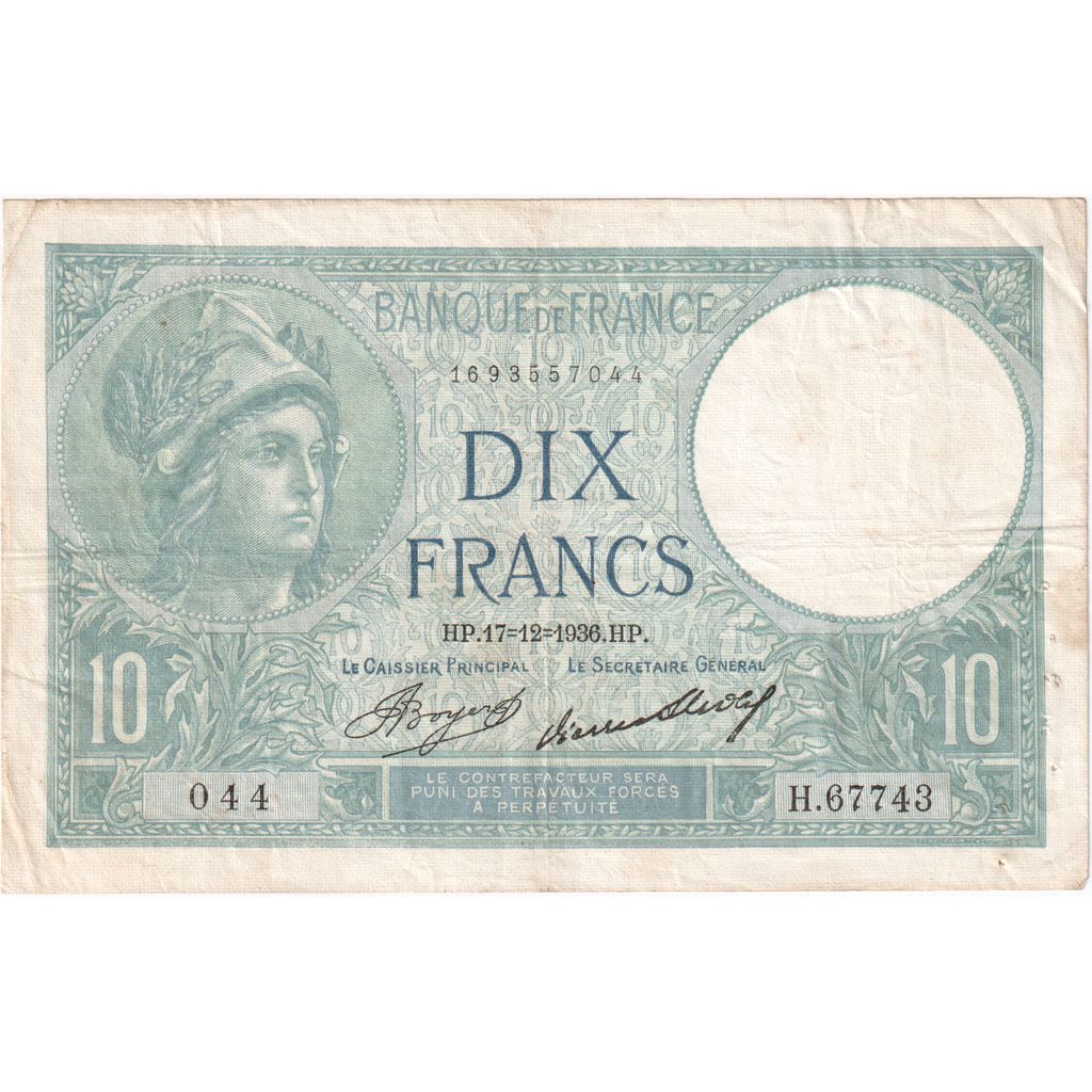 Francia, 10 Francs, Minerve, 1936-12-17, H.67743044, BB