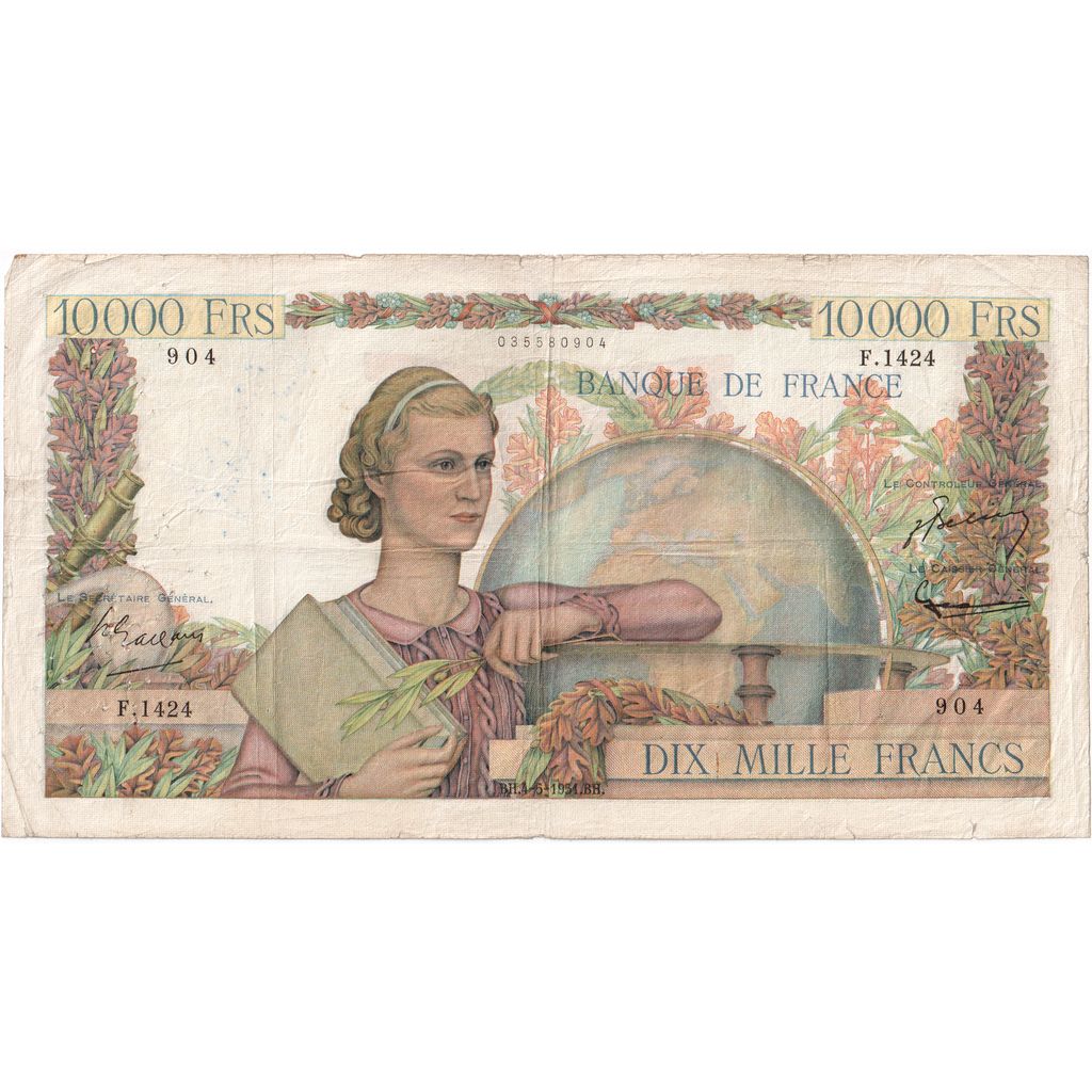 France, 10,000 Francs, Génie Français, 1951-05-04, F1424904, EF(40-45)