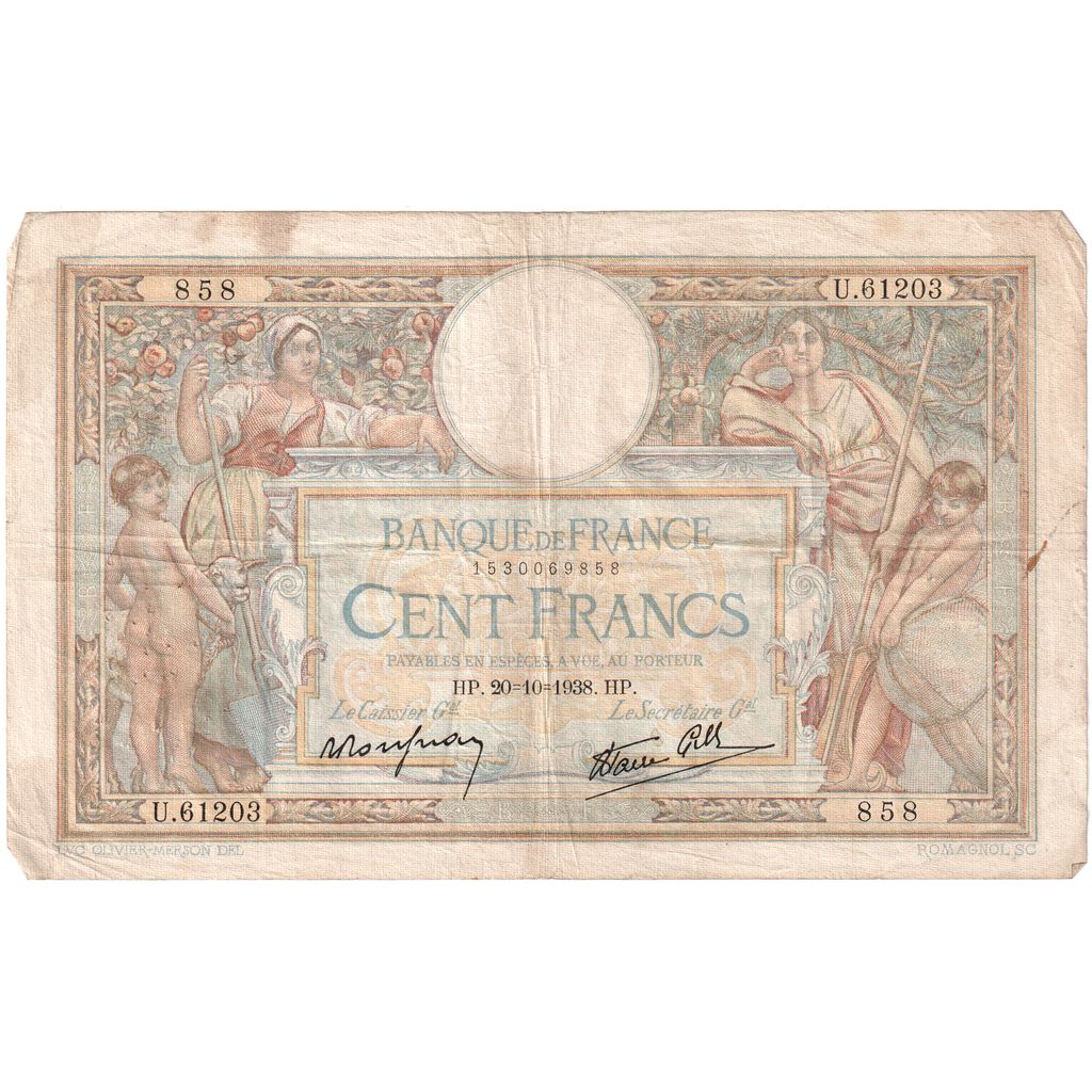 France, 100 Francs, Luc Olivier Merson, 1938-10-20, U.61203858, TB+