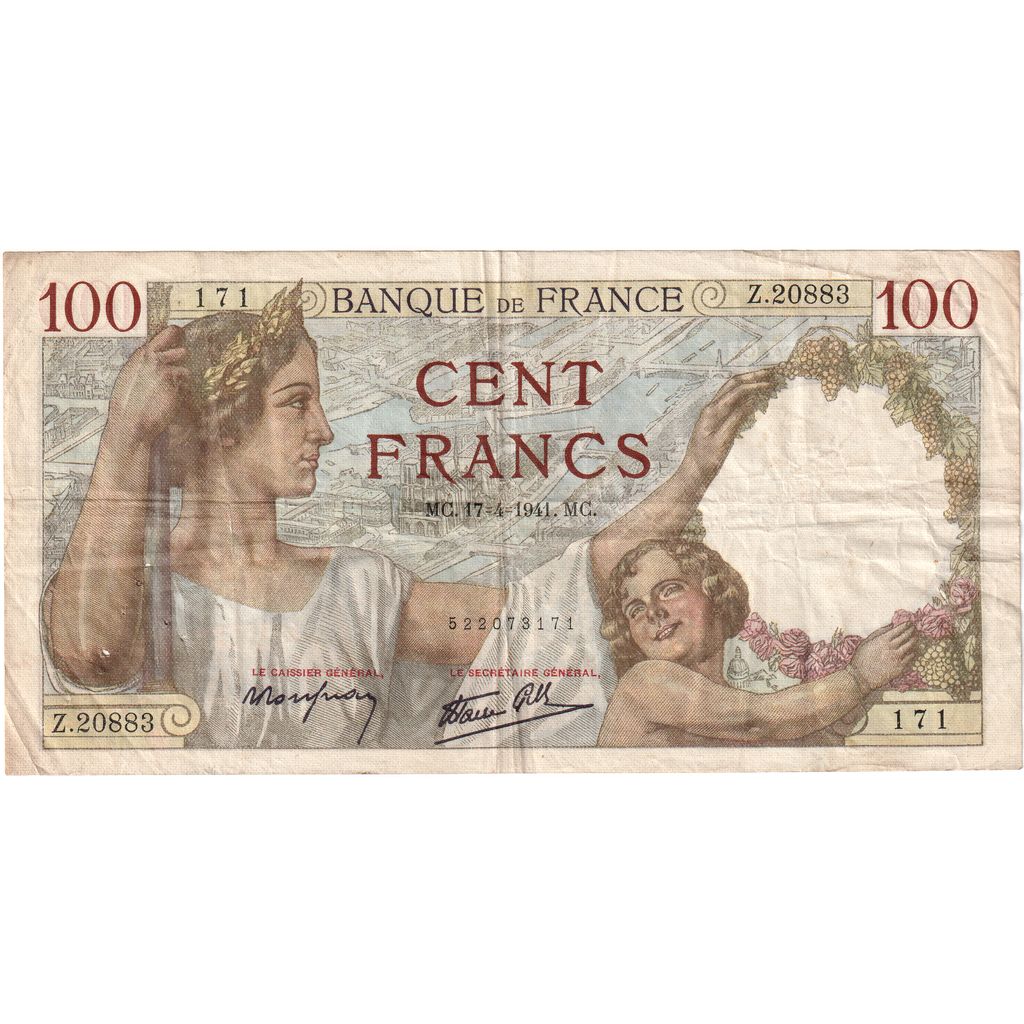 Francia, 100 Francs, Sully, 1941-04-17, Z.20883171, BC+