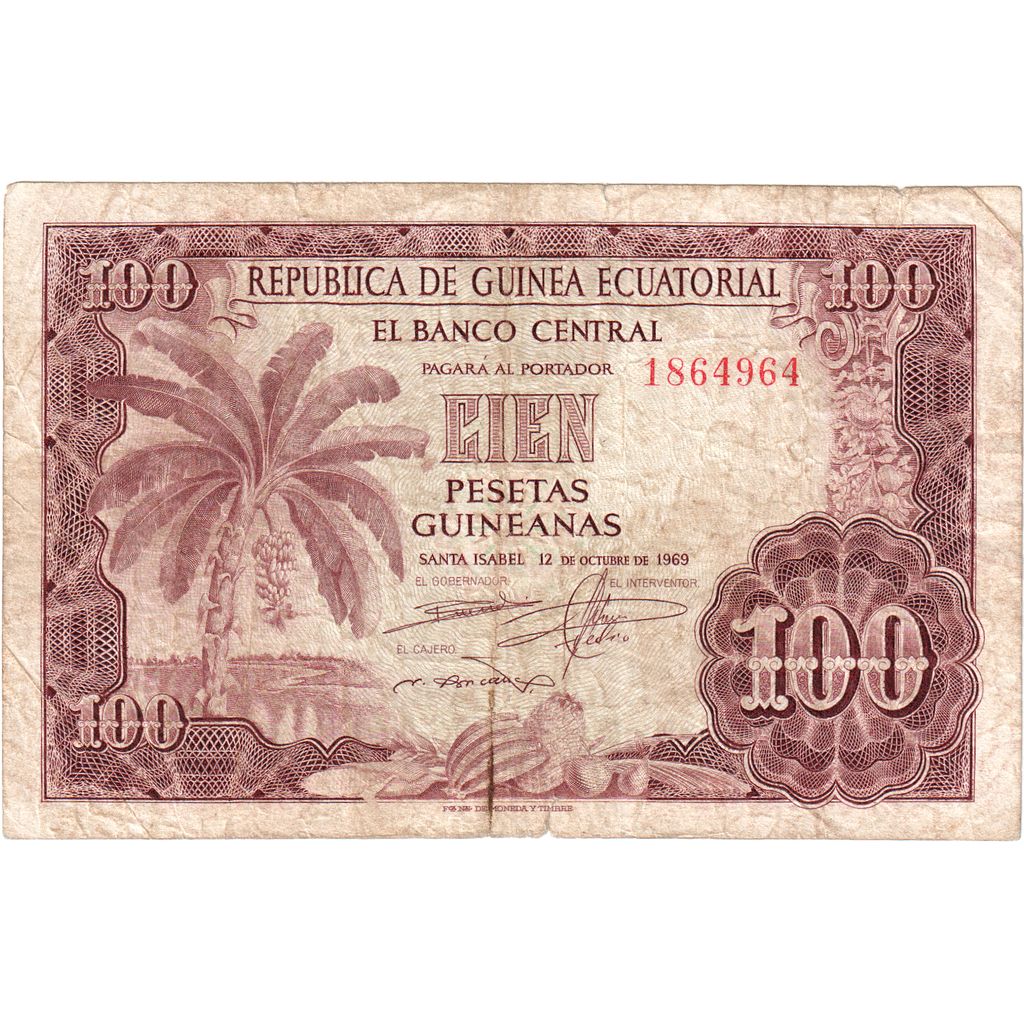 Equatorial Guinea, 100 Pesetas Guineanas, 1969-10-12, VF(30-35)