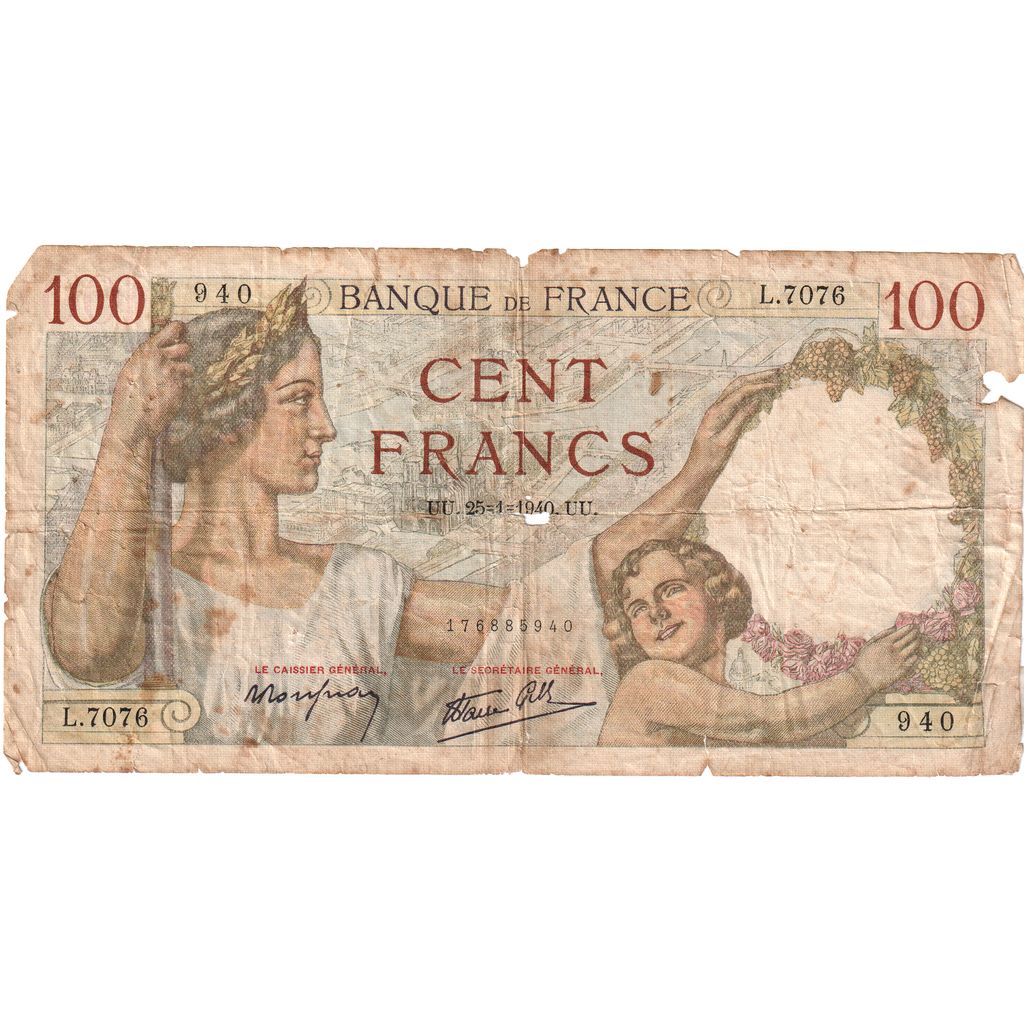 Francja, 100 Francs, Sully, 1940-01-25, L.7076940, VF(20-25)