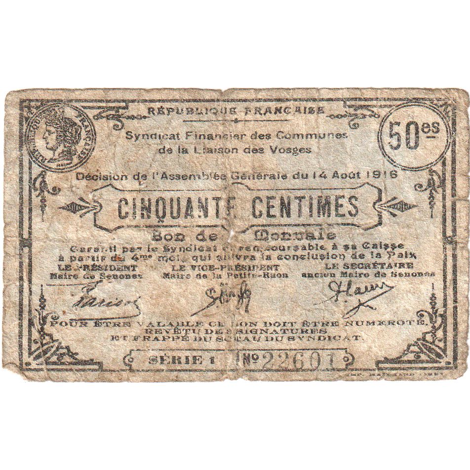 França, 50 Centimes, 1916-08-14, 22601, Vosges, VF(20-25)