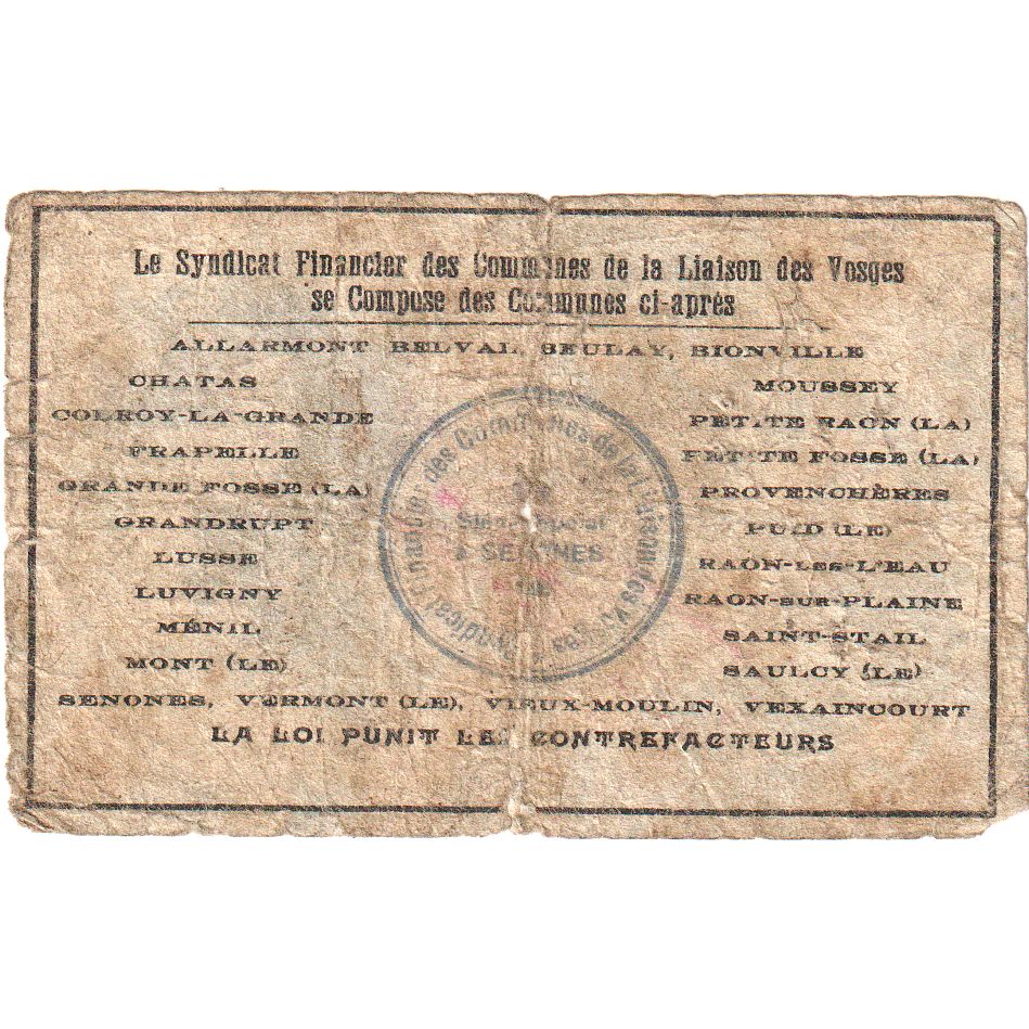 França, 50 Centimes, 1916-08-14, 22601, Vosges, VF(20-25)