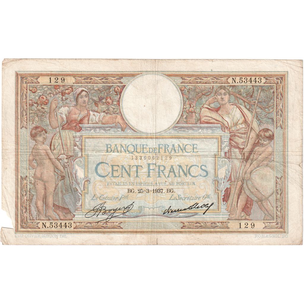 France, 100 Francs, Luc Olivier Merson, 1937-03-25, N.53443129, TB