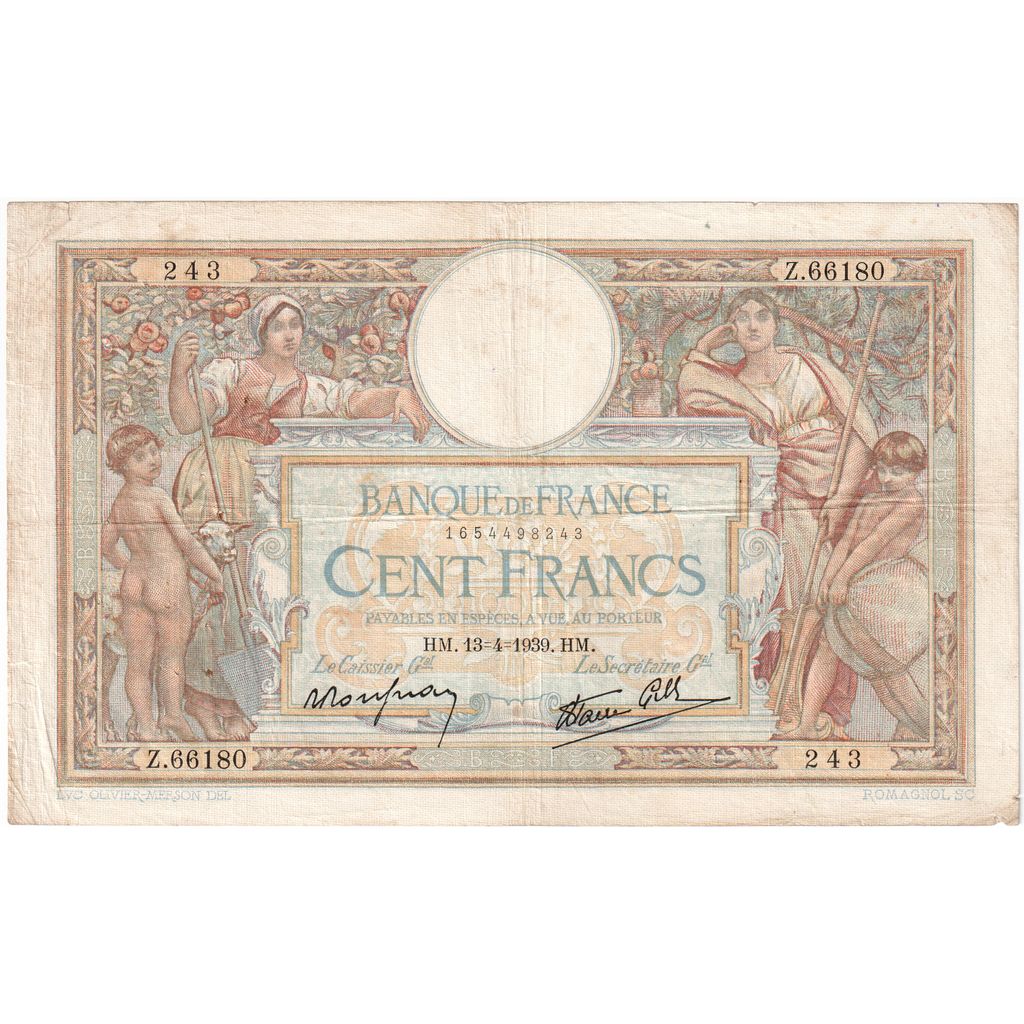 France, 100 Francs, Luc Olivier Merson, 1939-04-13, Z.66180243, TB+