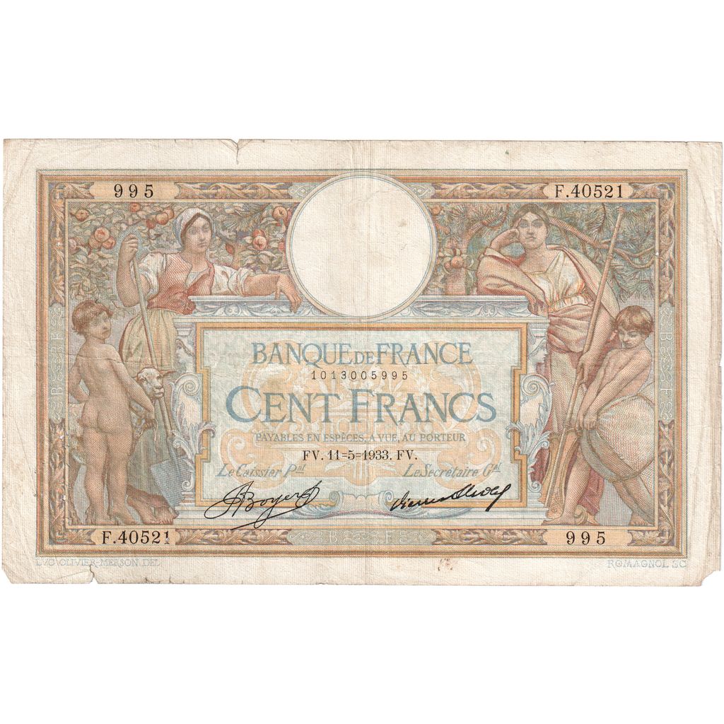 France, 100 Francs, 100 F 1908-1939 ''Luc Olivier Merson'', 1933, KM:78c