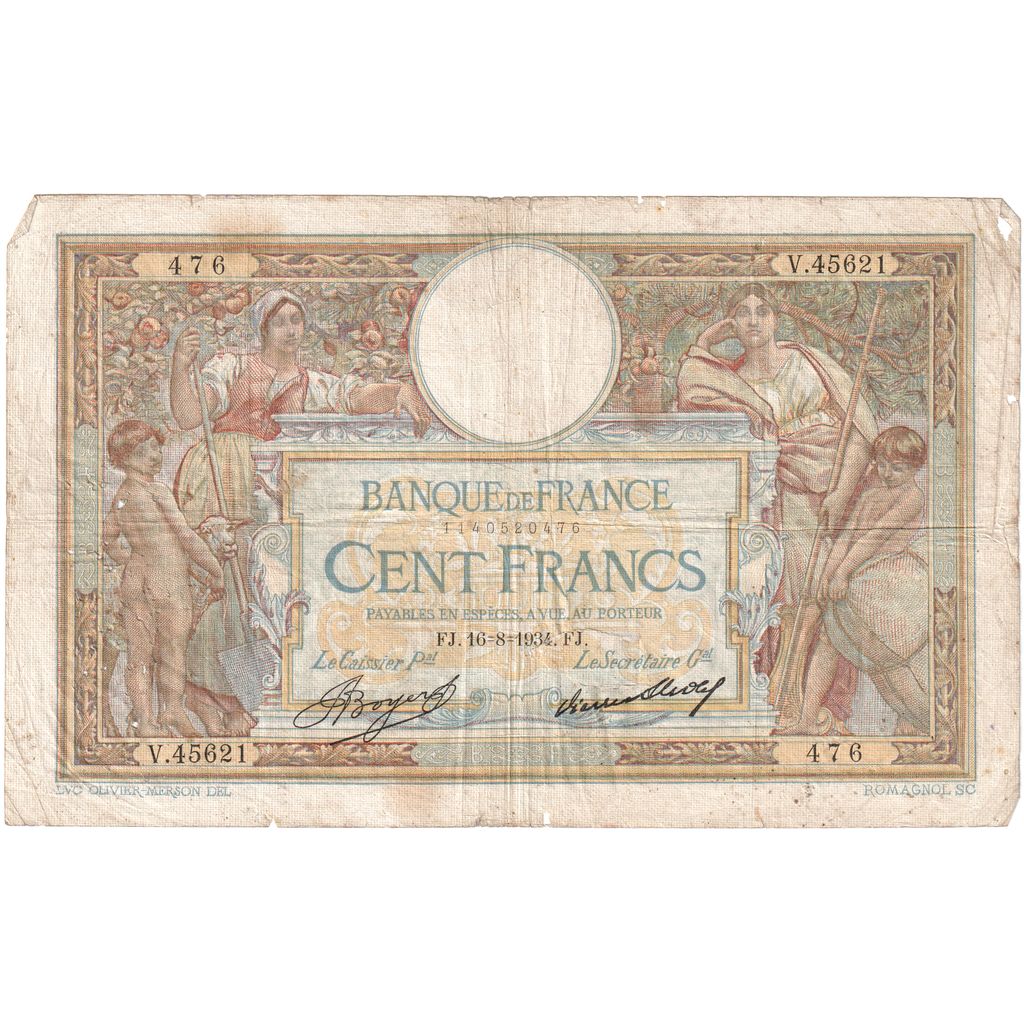 Frankrijk, 100 Francs, Luc Olivier Merson, 1933-08-10, V.45621476, TB+