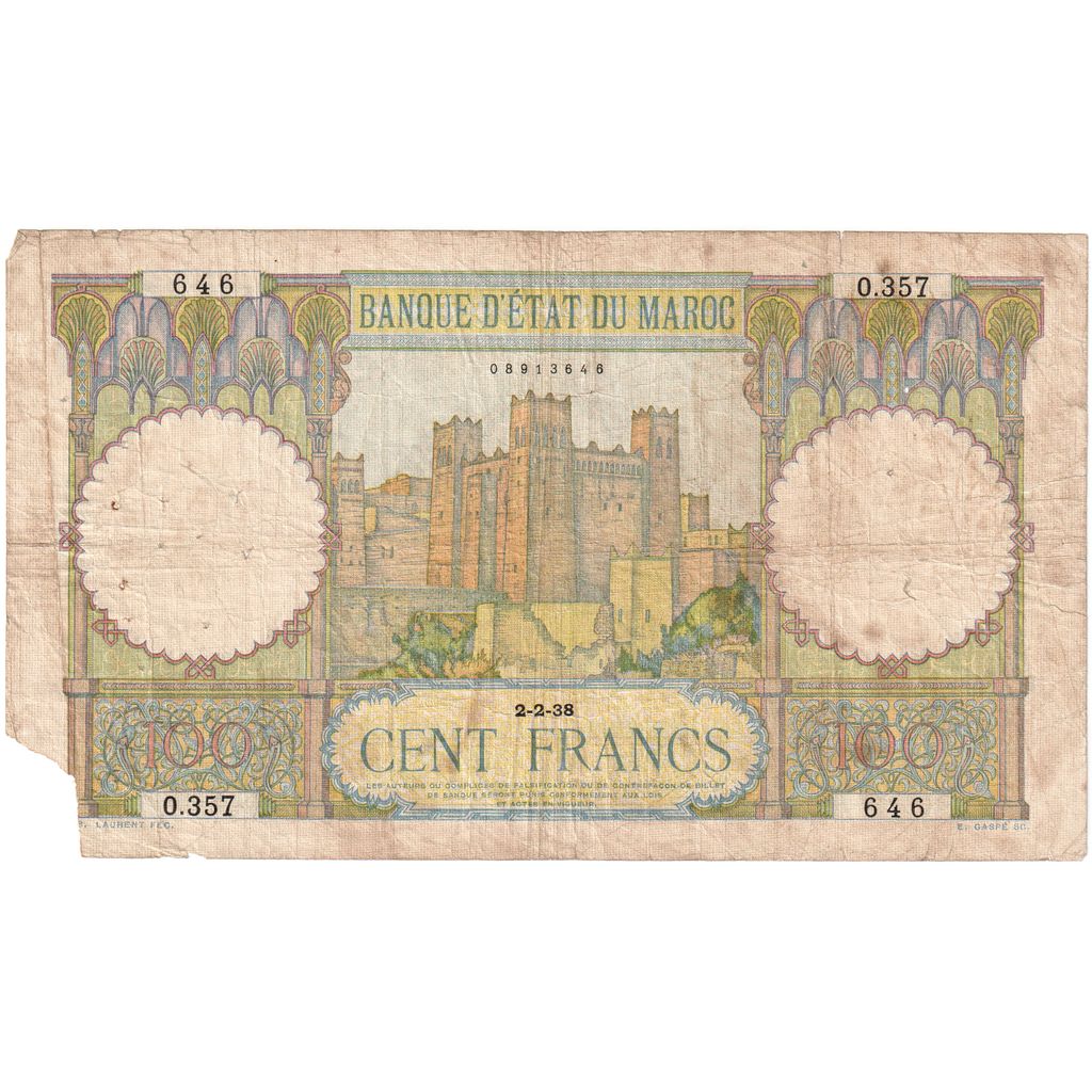 Morocco, 100 Francs, 1938-05-05, VF(20-25)