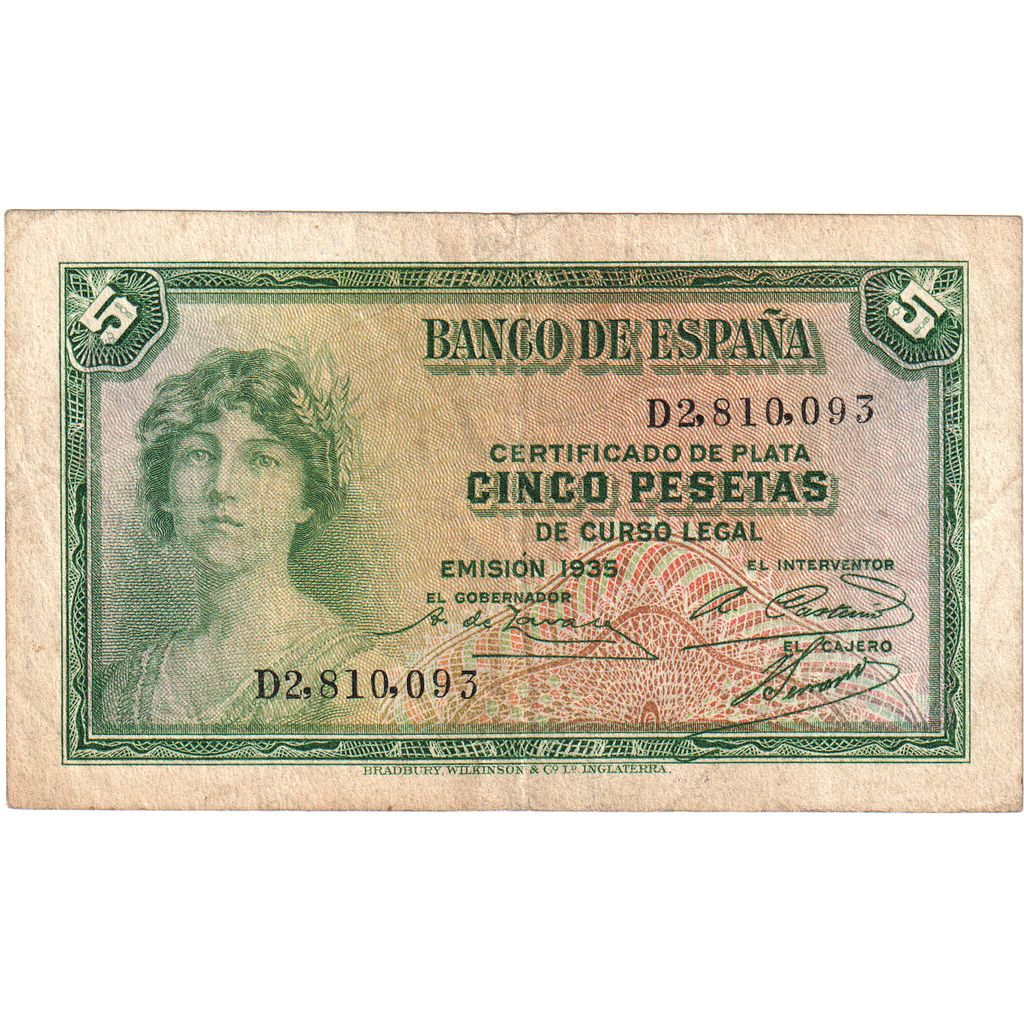 Billete, 5 Pesetas, 1935, España, BC+