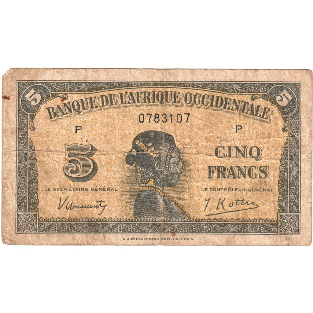 French West Africa, 5 Francs, 1942-12-14, VF(20-25)