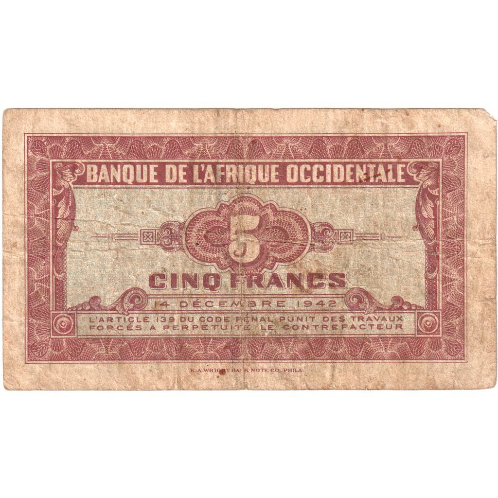 French West Africa, 5 Francs, 1942-12-14, VF(20-25)