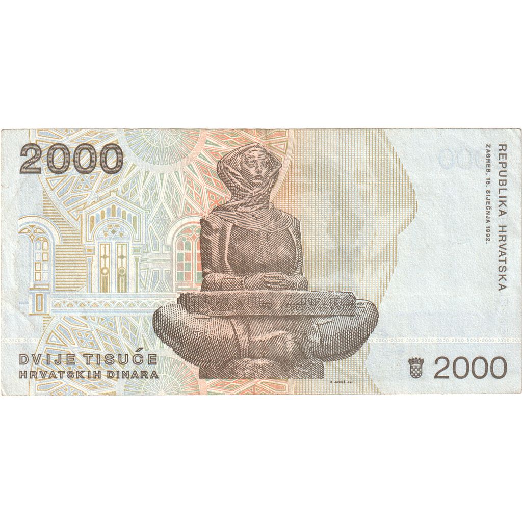 Billet, Croatie, 2000 Dinara, 1992, 1992-01-15, KM:23s, TTB