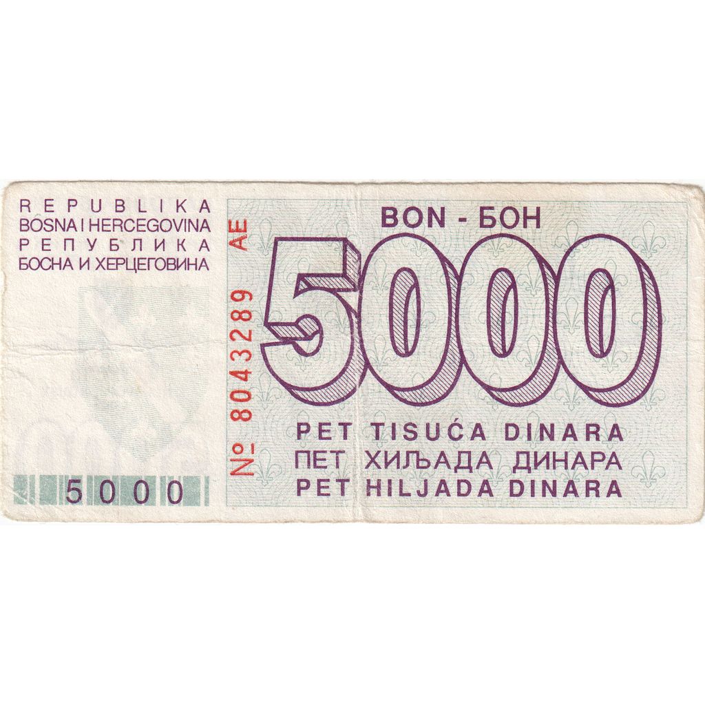 Bosnia - Erzegovina, 5000 Dinara, 1992-1994, KM:27A, 1992-08-01, B