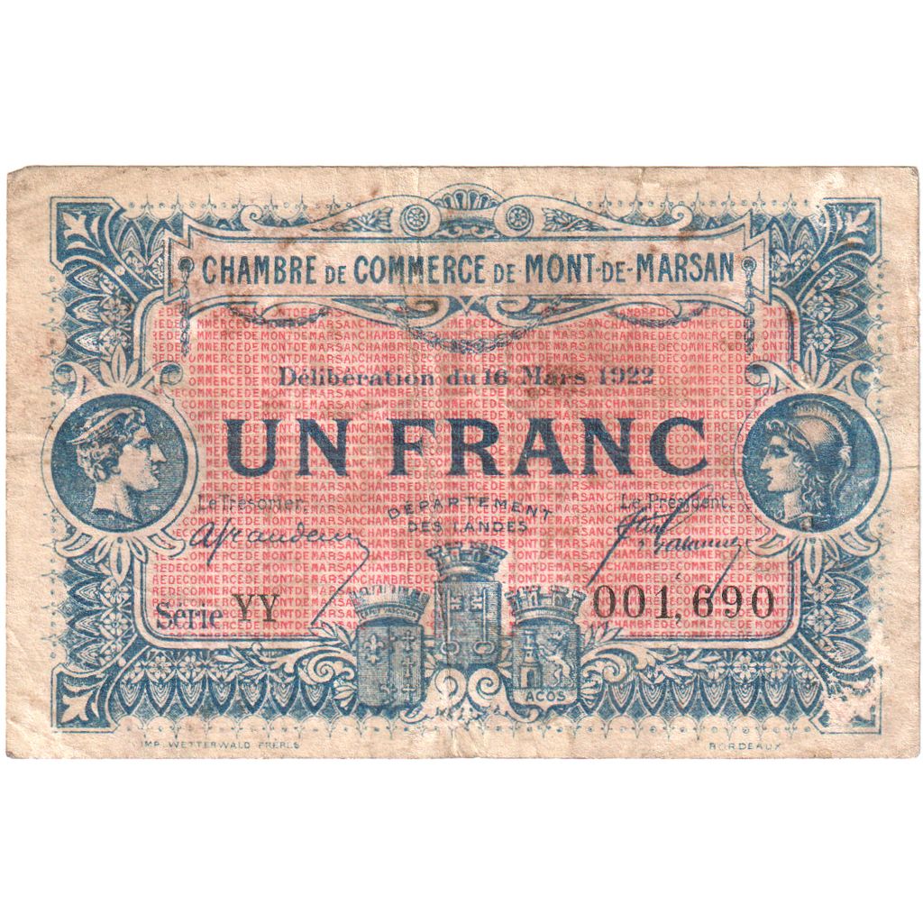 Francia, Mont-de-Marsan, 1 Franc, 1922-03-16, MB+, Pirot:82-35