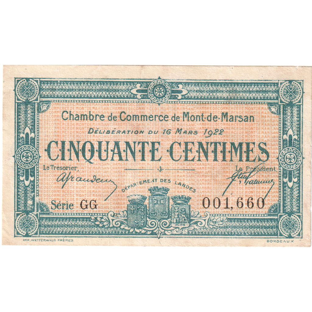 Francia, Mont-de-Marsan, 50 Centimes, 1922-03-16, MB+, Pirot:82-36