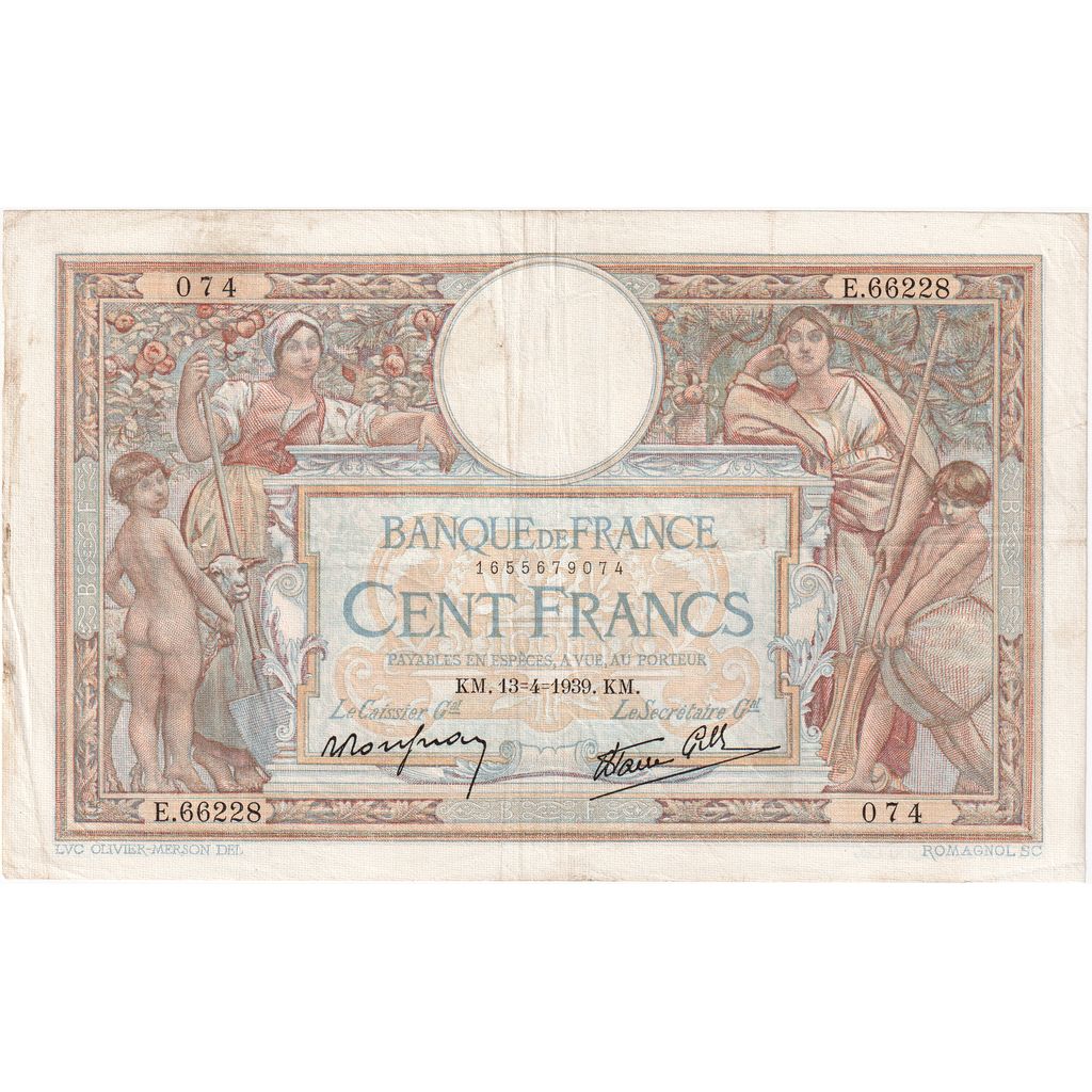 Francia, 100 Francs, Luc Olivier Merson, 1939, 1939-04-13, BC+, Fayette:25.46