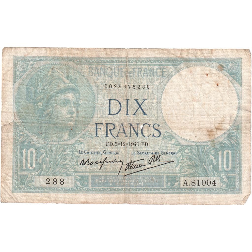 Francia, 10 Francs, Minerve, 1940-12-05, A.81004288, BC