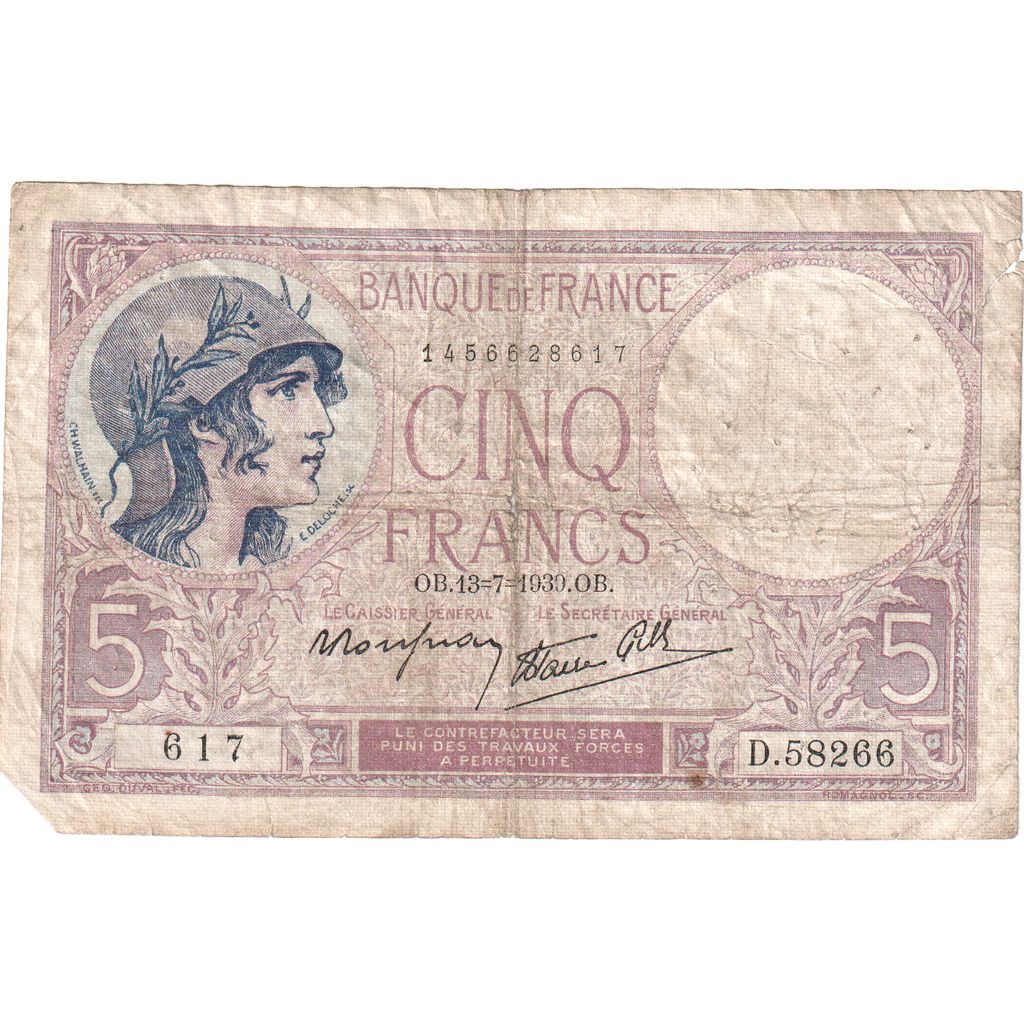 Frankrijk, 5 Francs, Violet, 1939-07-13, D.58266617, TB