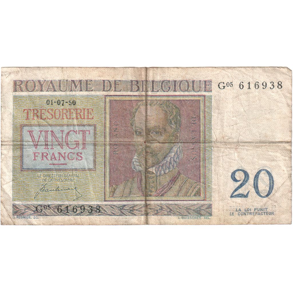 Belgio, 20 Francs, 1950-07-01, MB+