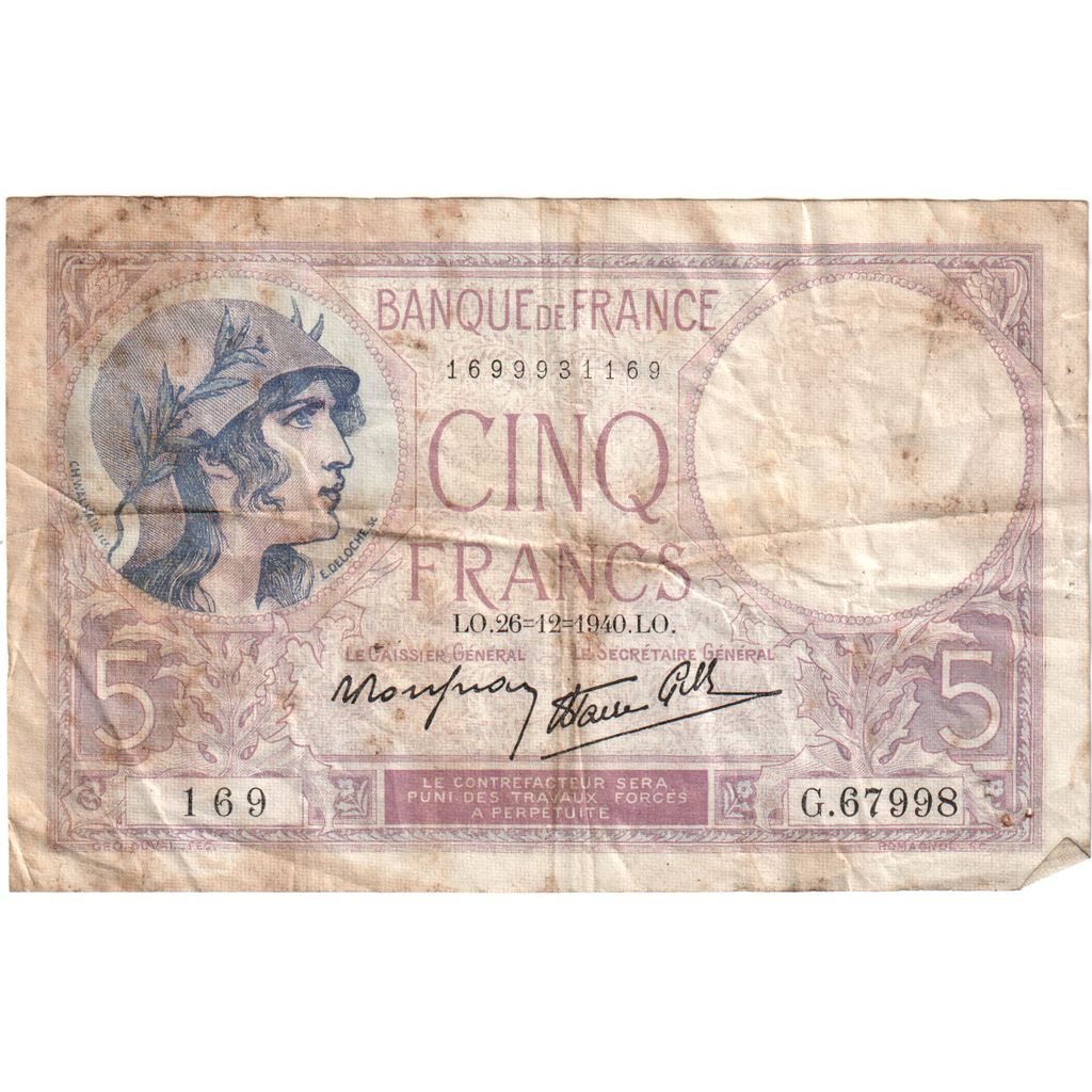 Frankrijk, 5 Francs, Violet, 1940-12-26, G.67998169, TB