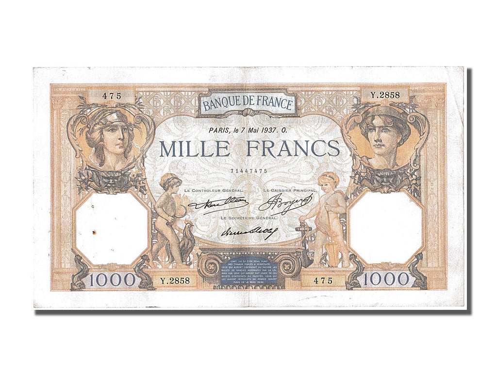 Banknot, Francja, 1000 Francs, Cérès et Mercure, 1937, 1937-05-07, AU(50-53)