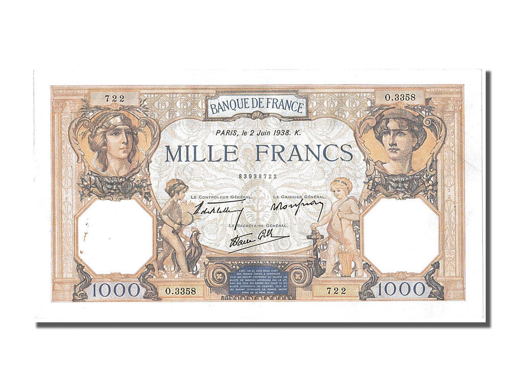 Banknote, France, 500 Francs, 1 000 F 1927-1940 ''Cérès et Mercure'', 1938