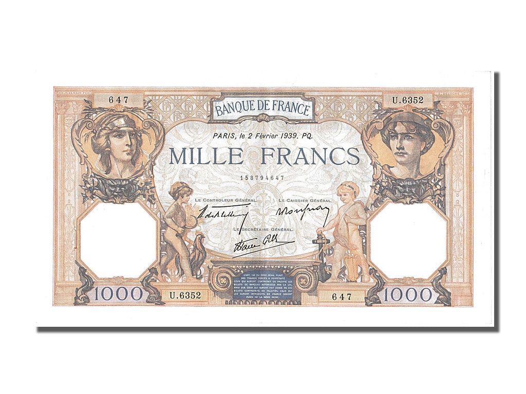 Billete, Francia, 500 Francs, 1 000 F 1927-1940 ''Cérès et Mercure'', 1939