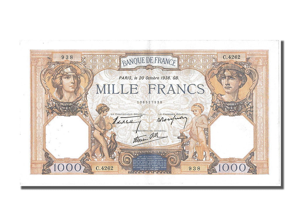 Billete, Francia, 500 Francs, 1 000 F 1927-1940 ''Cérès et Mercure'', 1938