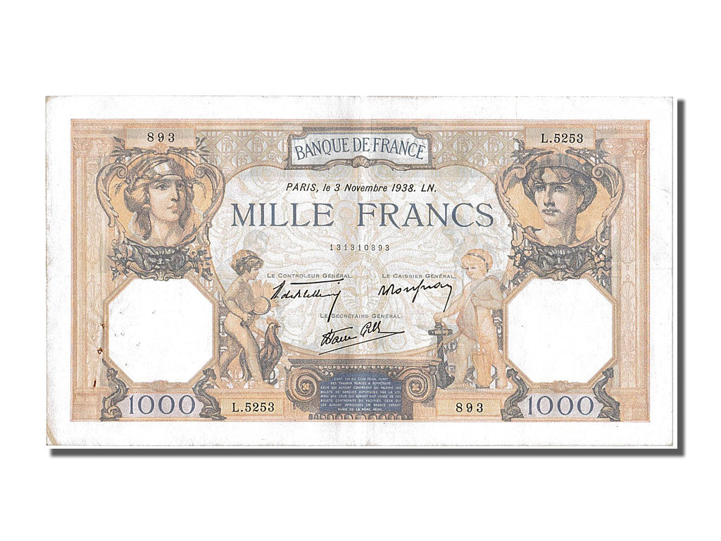 Biljet, Frankrijk, 500 Francs, 1 000 F 1927-1940 ''Cérès et Mercure'', 1938