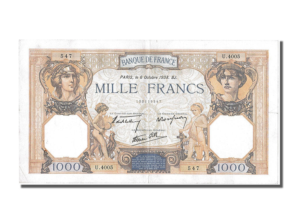 Billete, Francia, 500 Francs, 1 000 F 1927-1940 ''Cérès et Mercure'', 1938