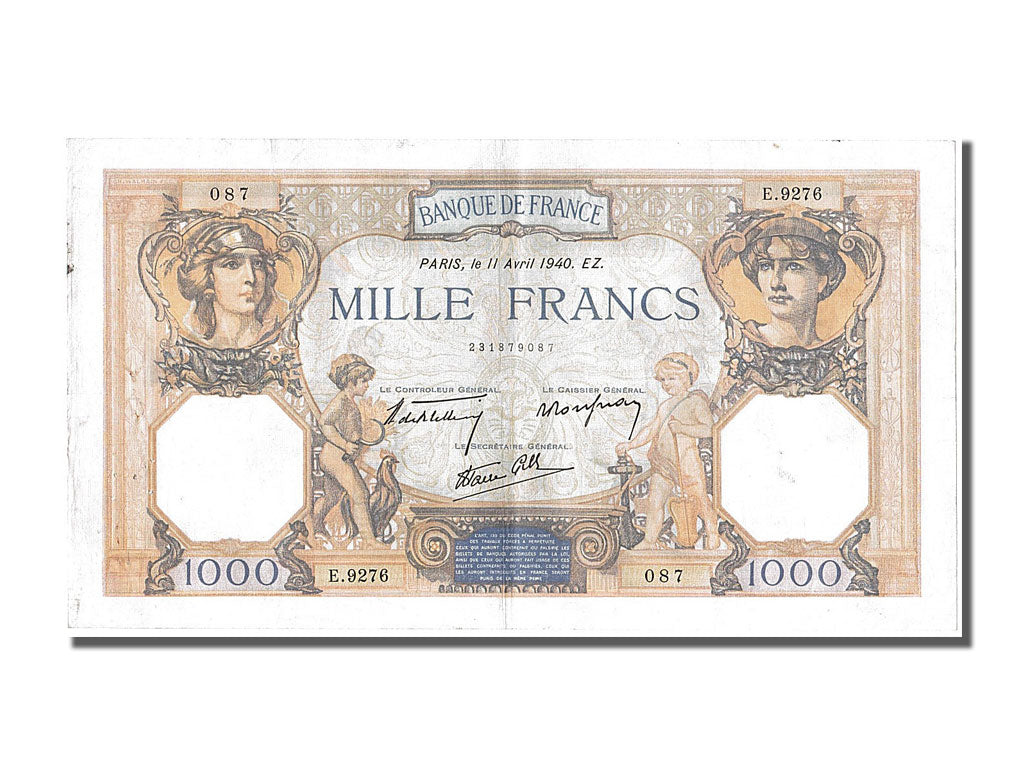 Billete, Francia, 500 Francs, 1 000 F 1927-1940 ''Cérès et Mercure'', 1940