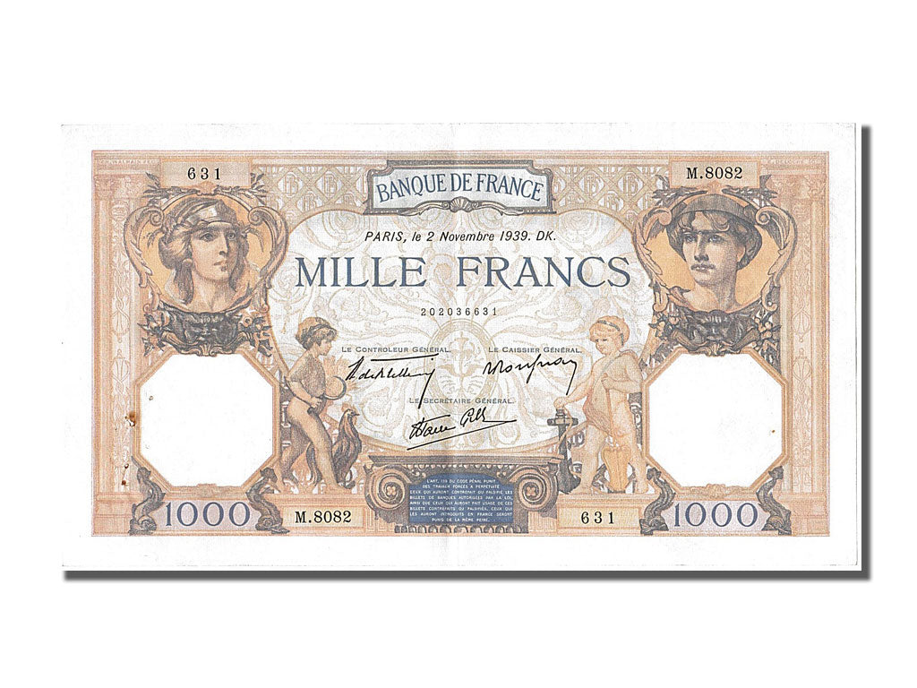 Billete, Francia, 500 Francs, 1 000 F 1927-1940 ''Cérès et Mercure'', 1939