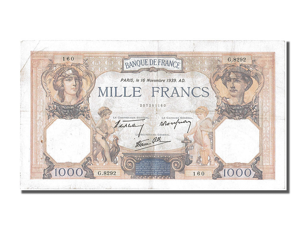 Banknote, France, 500 Francs, 1 000 F 1927-1940 ''Cérès et Mercure'', 1939