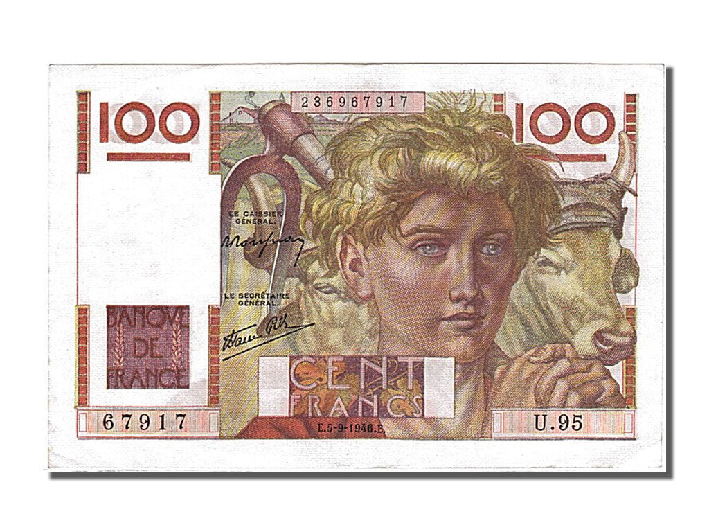 Billete, Francia, 100 Francs, 100 F 1945-1954 ''Jeune Paysan'', 1946