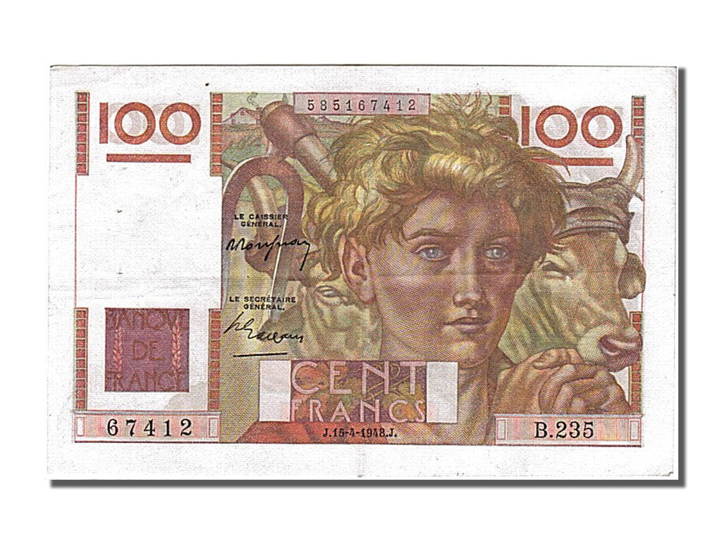 Banknot, Francja, 100 Francs, Jeune Paysan, 1948, 1948-04-15, AU(55-58), KM:128b